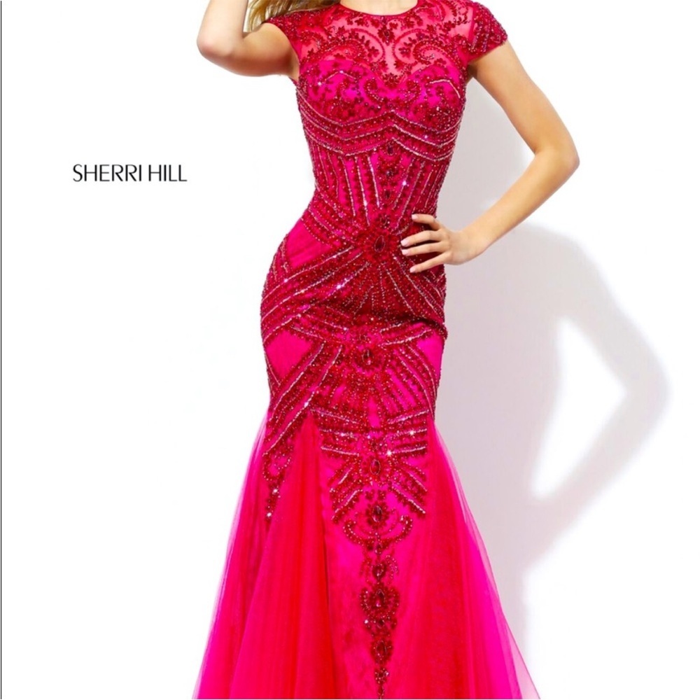 Sherri Hill Deep Raspberry Pink Beaded Tulle Skirt Mermaid Gown- Dress 2